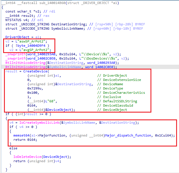Device and symbolic link creation. MajorFunction initialization
